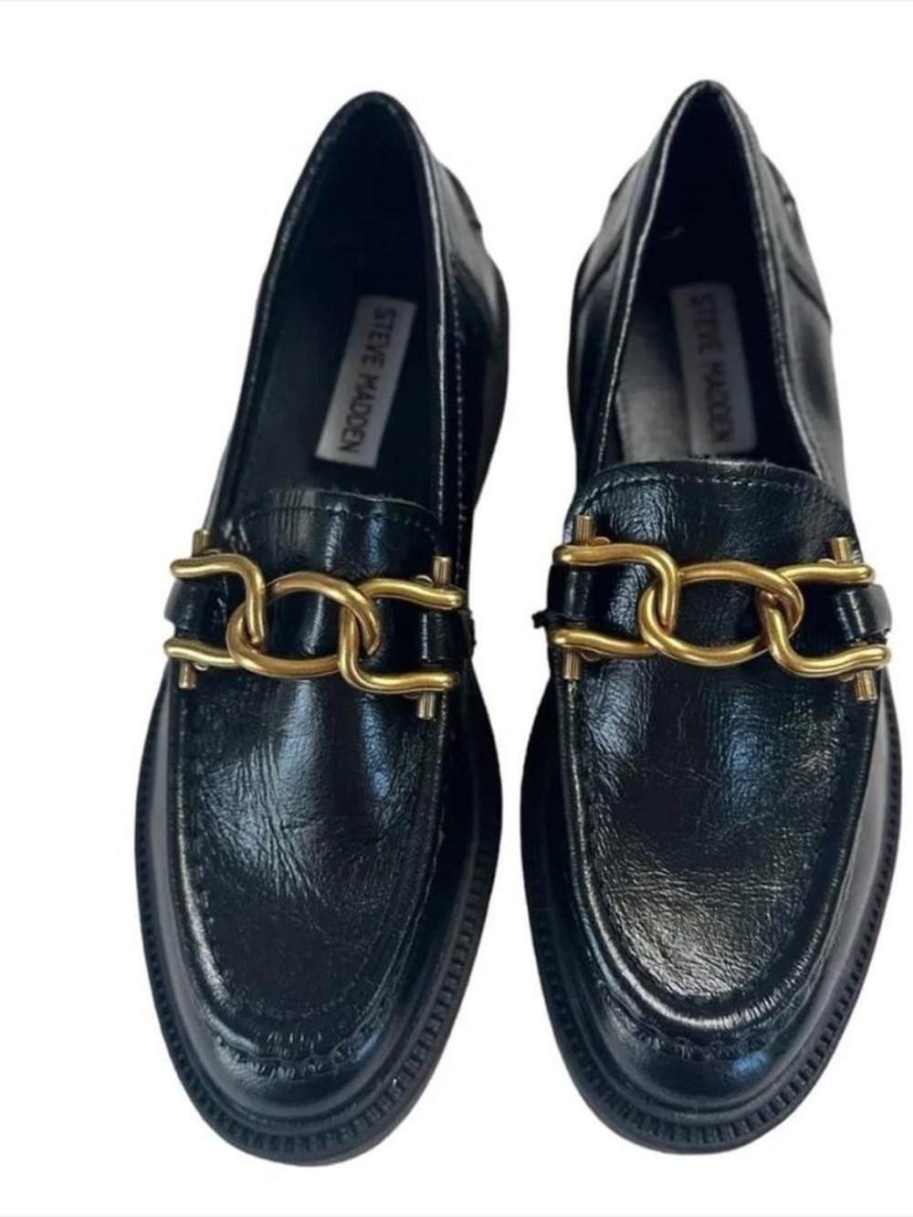 Steve Madden Black Leather Loafers with Gold Chain Accent